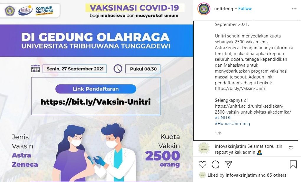 Info vaksinasi di kampus UNITRI Malang pada 27 September 2021