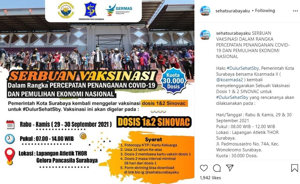 Informasi vaksin kuota 30.000 dosis di Lapangan Atletik THOR Surabaya pada 29-30 September 2021