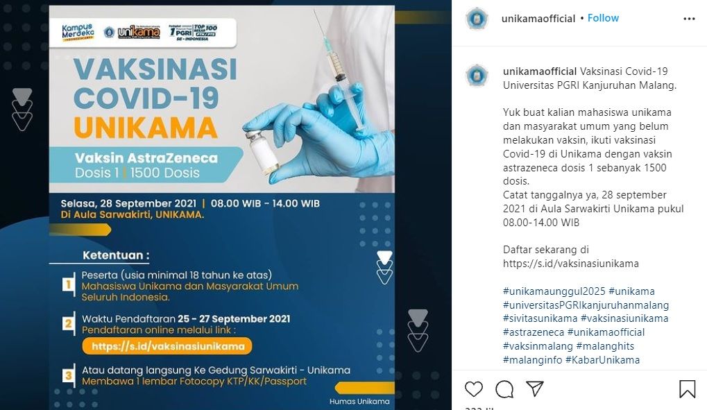 Info vaksin di kampus UNIKAMA Malang pada 28 September 2021