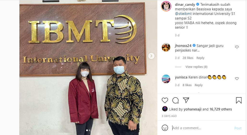 Unggahan Dinar Candy saat mendapat beasiswa untuk kuliah di STIE IBMT Surabaya./
