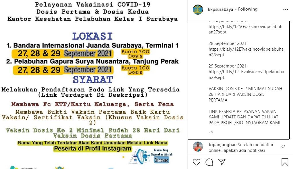 Info vaksin bebas domisili di Bandara Juanda dan Pelabuhan Tanjung Perak Surabaya 27-29 September 2021