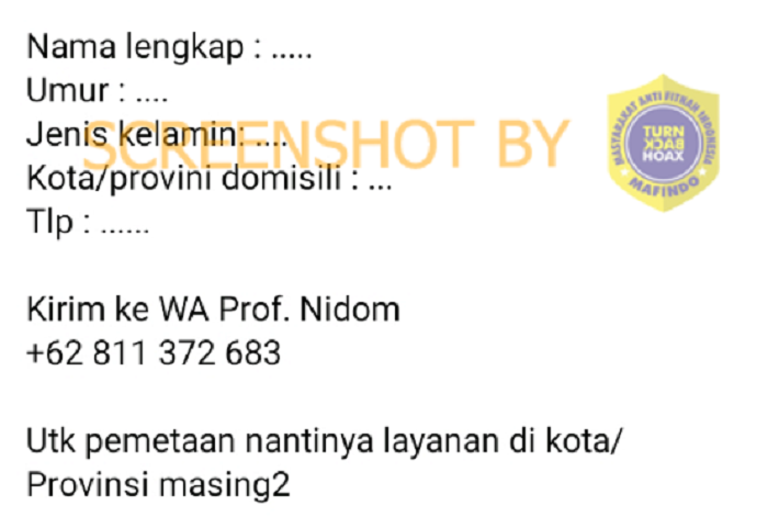 HOAKS - Beredar sebuah unggahan yang menyebut jika pendafataran Vaksin Nusantara dibuka melalui WhatsApp.*