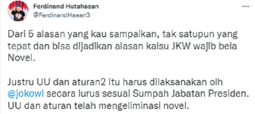 Ferdinand Hutahaean menyebut pernyataan Febri Diansyah soal desakannya pada Jokowi tentang 56 pegawai KPK tidak tepat.*