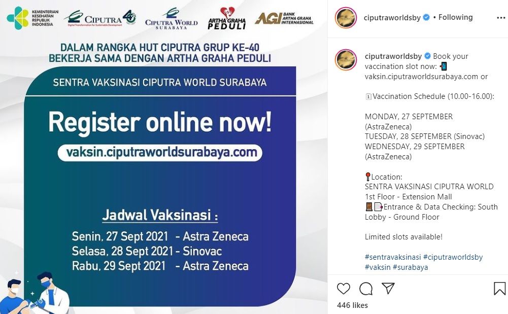 Info vaksin Mall Ciputra World Surabaya pada 27-29 September 2021