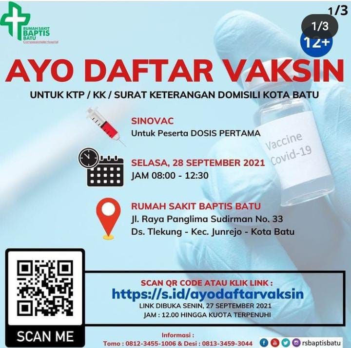Info Vaksin Kota Baru Sinova Dosis 1,  28 September Bebas Domisili, Langsung Daftar Online