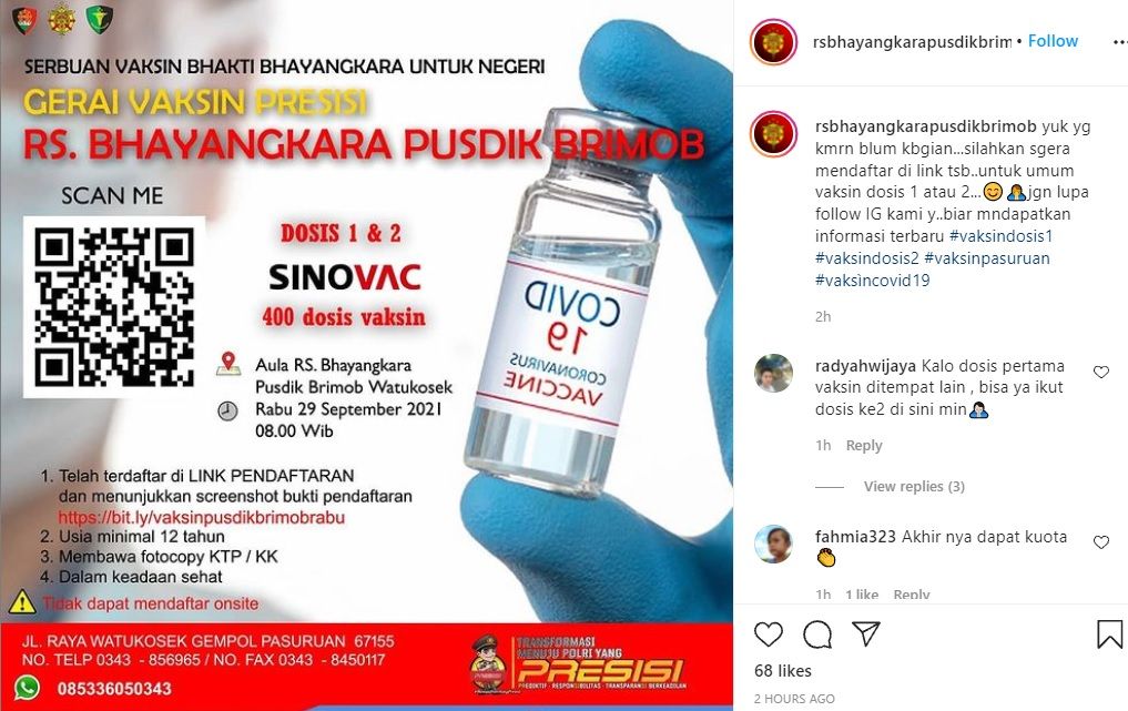 Info Vaksin di RS Bhayangkara Pusdik Brimob Watu Kosek Pasuruan Rabu 29 September 2021