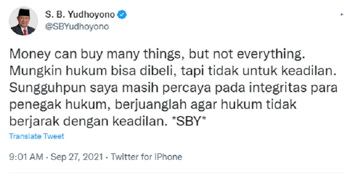 Cuitan Ketua Majelis Tinggi Partai Demokrat, Susilo Bambang Yudhoyono yang tampaknya mengomentari memanasnya isu begal partai.