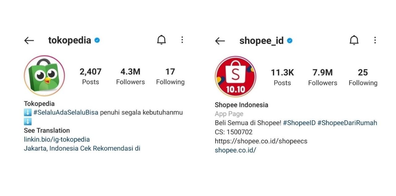 Perbandingan follower Instagram Tokopedia dan Shopee.