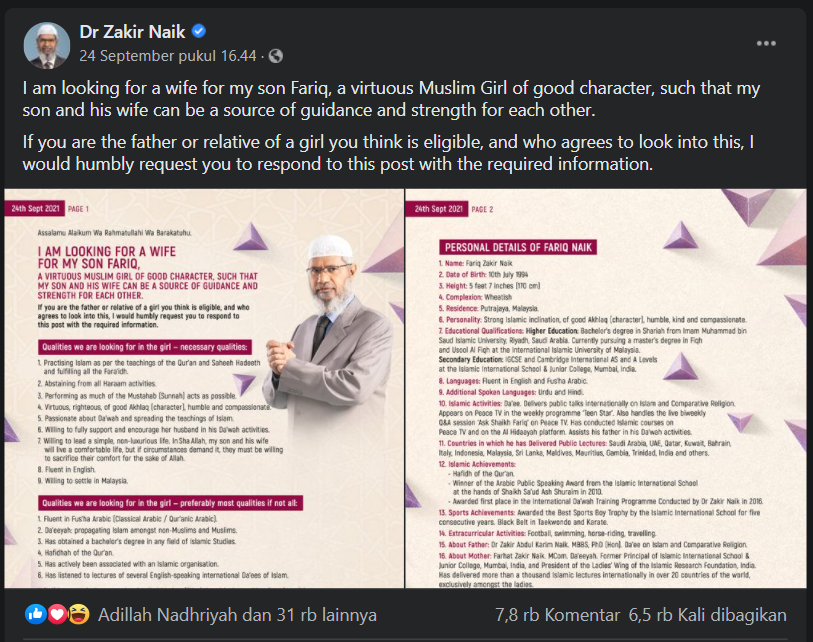 Unggahan Dr. Zakir Naik. 