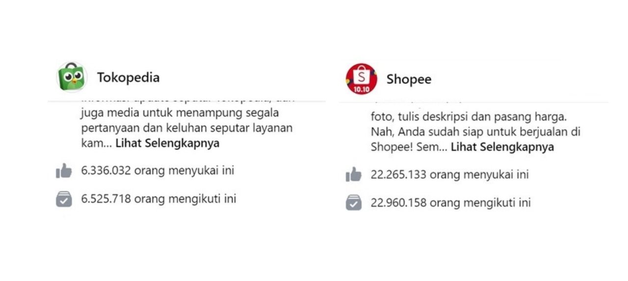 Tangkapan layar Followers Tokopedia dan Shopee di Facebook