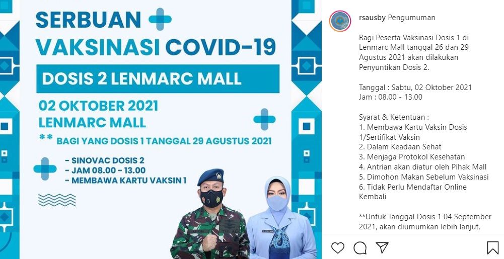 Informasi vaksinasi dosis 2 di Lenmarc Mal Surabaya 2 Oktober 2021l