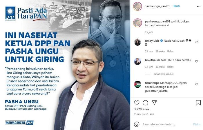 Postingan Pasha Ungu yang menanggapi pernyataan Giring Ganesha terhadap Gubernur DKI Jakarta, Anies Baswedan