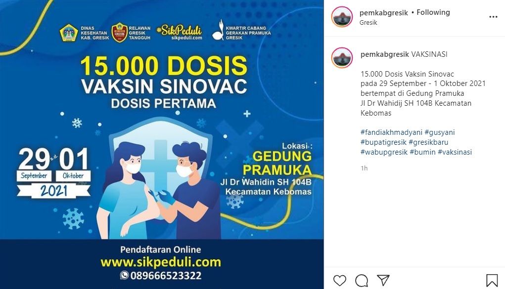 Info vaksin di Gedung Pramuka Gresik pada 29 September 2021-1 Oktober 2021