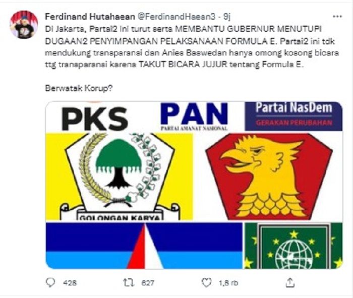 Ferdinand Hutahaean menyebut tujuh partai ini sebagai 'penjaga' Anies Baswedan usai diduga tutupi kasus Formula E DKI Jakarta.*