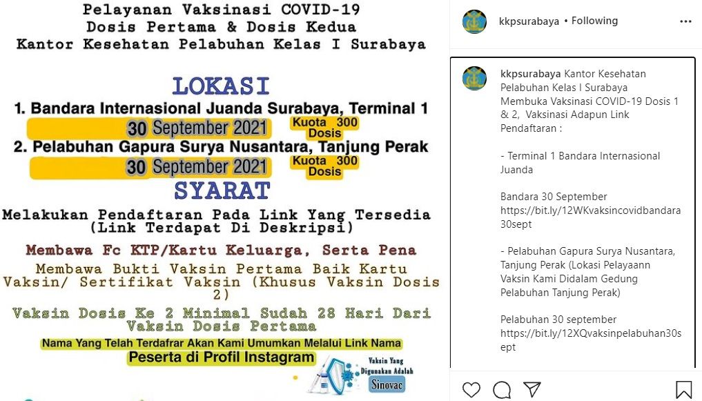 Informasi vaksin gratis di Bandara Juanda dan Pelabuhan Tanjung Perak Surabaya 30 September 2021