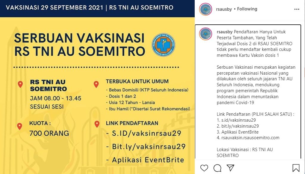 Info vaksin di RS TNI AU Surabaya Kamis 29 September 2021