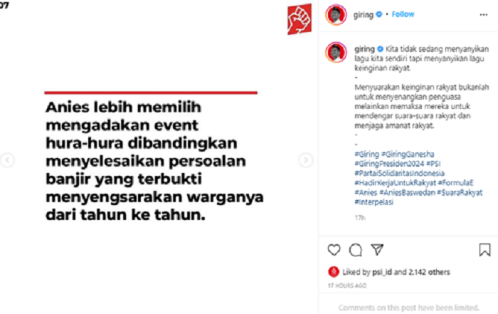 Giring menyebut jika Gubernur DKI Jakarta, Anies Baswedan lebih memilih mengadakan Formula E dibandingkan menyelesaikan masalah banjir.*