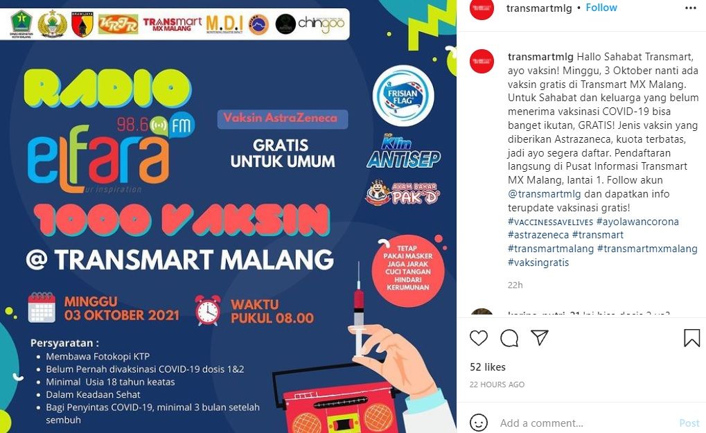 Info vaksin gratis di Transmart Malang Minggu 3 Oktober 2021