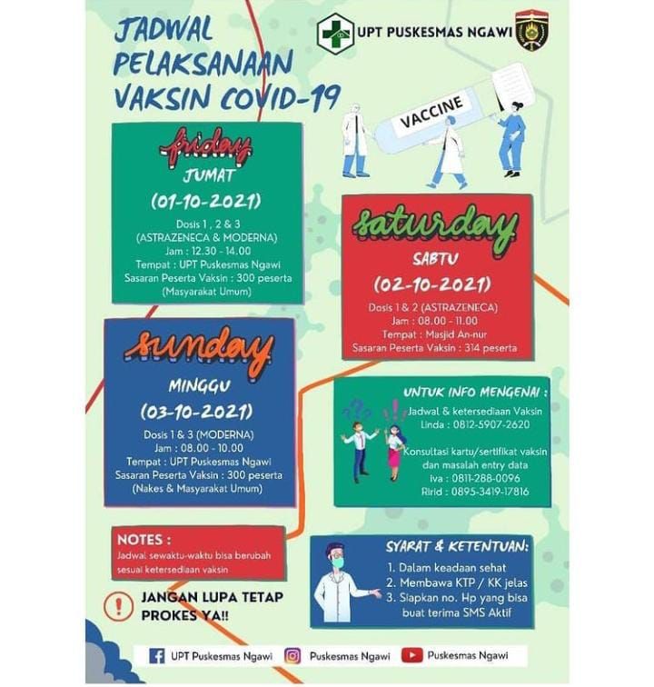 Info Vaksin Kabupaten Ngawi, 1-3 Oktober di Puskesmas Langsung Datang Bawa KTP