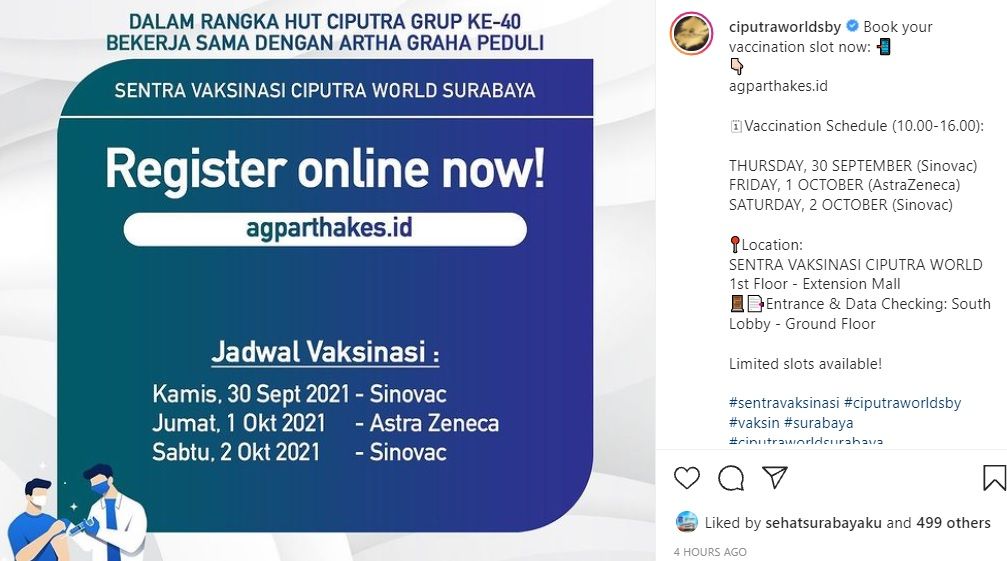 info vaksin di mall Ciputra World Surabaya 30 September - 2 Oktober 2021