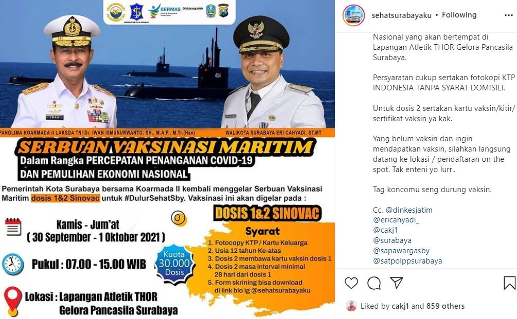 Info vaksinasi maritim 30.000 dosis di Lapangan Thor Surabaya