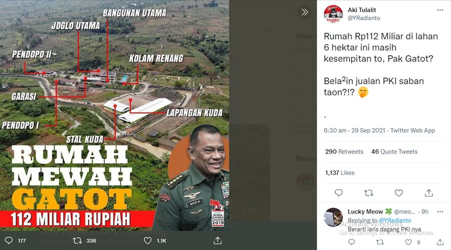 Rumah Super Mewah Luas 112 Milyar Milik Gatot Nurmantyo, Netizen: Bela-belain Jualan PKI Saban Tahun