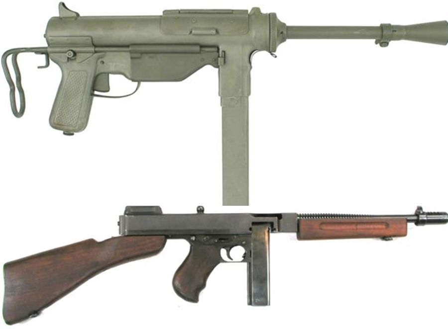Tampilan senjata M3A3 Grease Gun (atas) dan Thompson M 1928A1