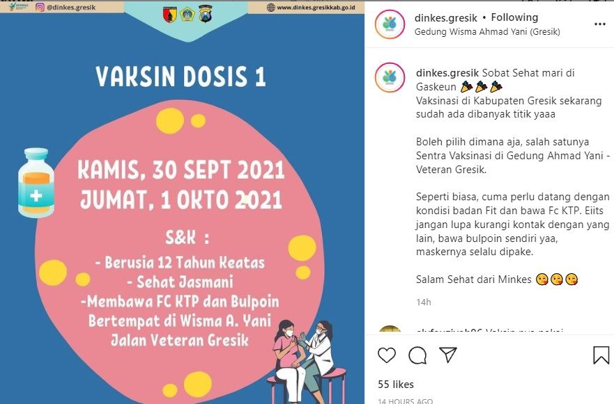 Info vaksin di Wisma Ahmad Yani Gresik 30 September - 1 Oktober 2021