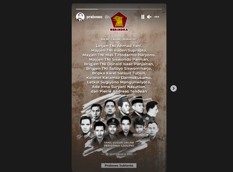 Tangkapan layar Instagram Story Prabowo Subianto 