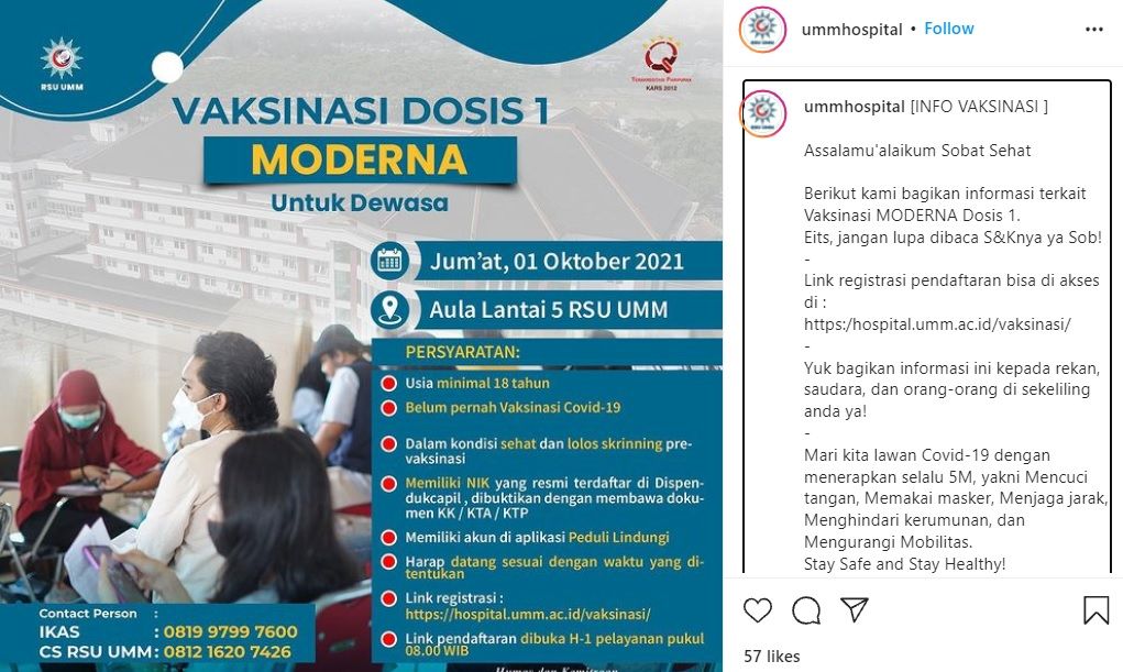 Info vaksi Moderna di RSU UMM Malang Jumat 1 Oktober 2021