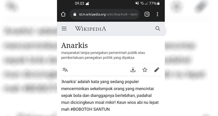 Kata "Anarkis" dalam wikipedia yang berubah arti dan menyinggung bobotoh santun 