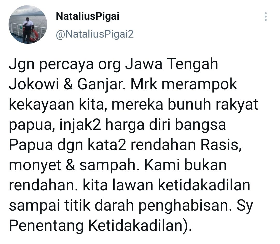 Tangkapan layar Natalius Pigai yang minta rakyat Papua tak percaya pada Jokowi dan Ganjar Pranowo./