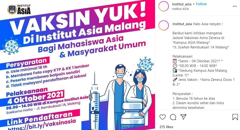 Info vaksinasi Astrazeneca di Institut Asia Malang 4 Oktober 2021