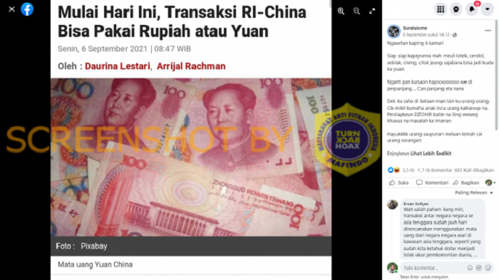 HOAKS - Beredar sebuah unggahan di Facebook yang menyebut jika transaksi di Indonesia bia menggunakan Yuan mulai 6 September.*