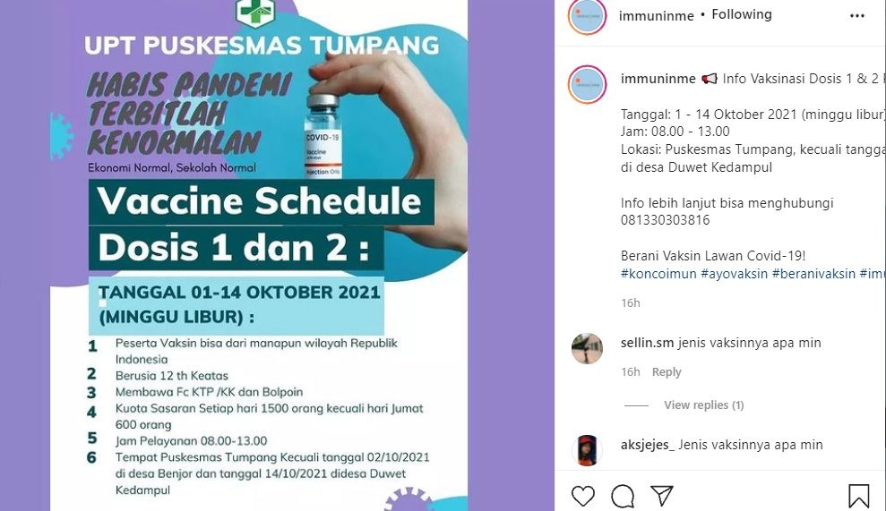 Info vaksin di Puskesmas Tumpang Malang pada 1-14 Oktober 2021