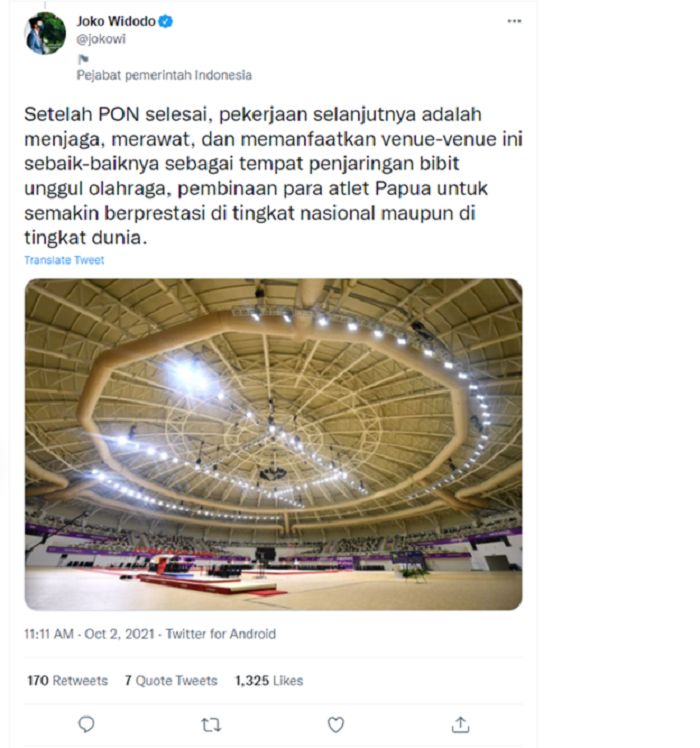 Presiden Jokowi meremsikan tujuh infrastruktur canggih dalam pembukaan Pekan Olahraga Nasional (PON) XX Papua, Sabtu, 2 Oktober 2021.*