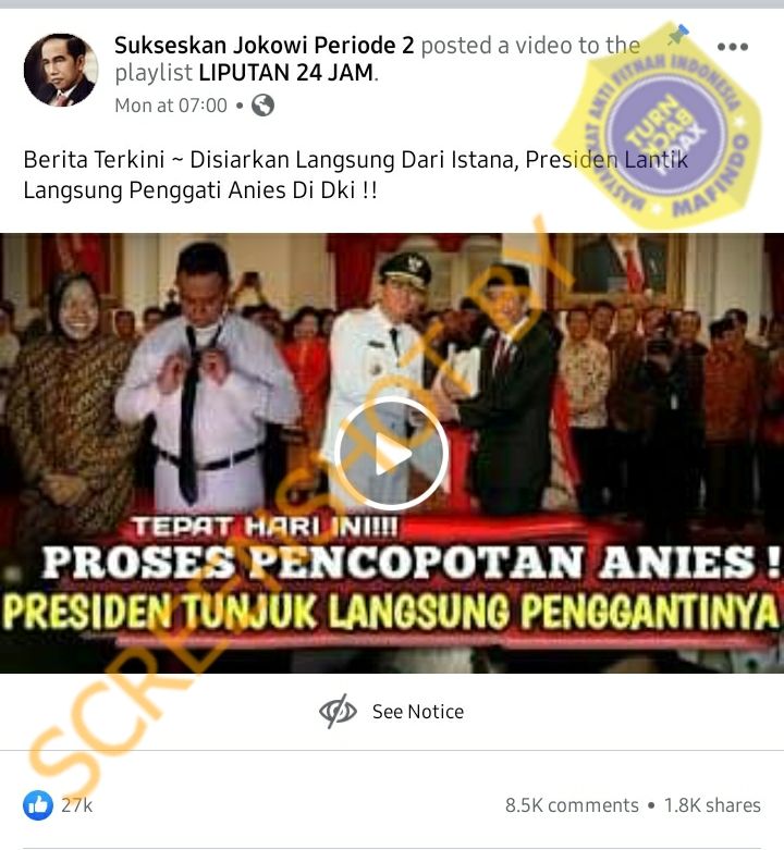 HOAKS - Beredar sebuah video yang menyebut jika Jokowi telah menunjuk pengganti Gubernur DKI Jakarta, Anies Baswedan.*