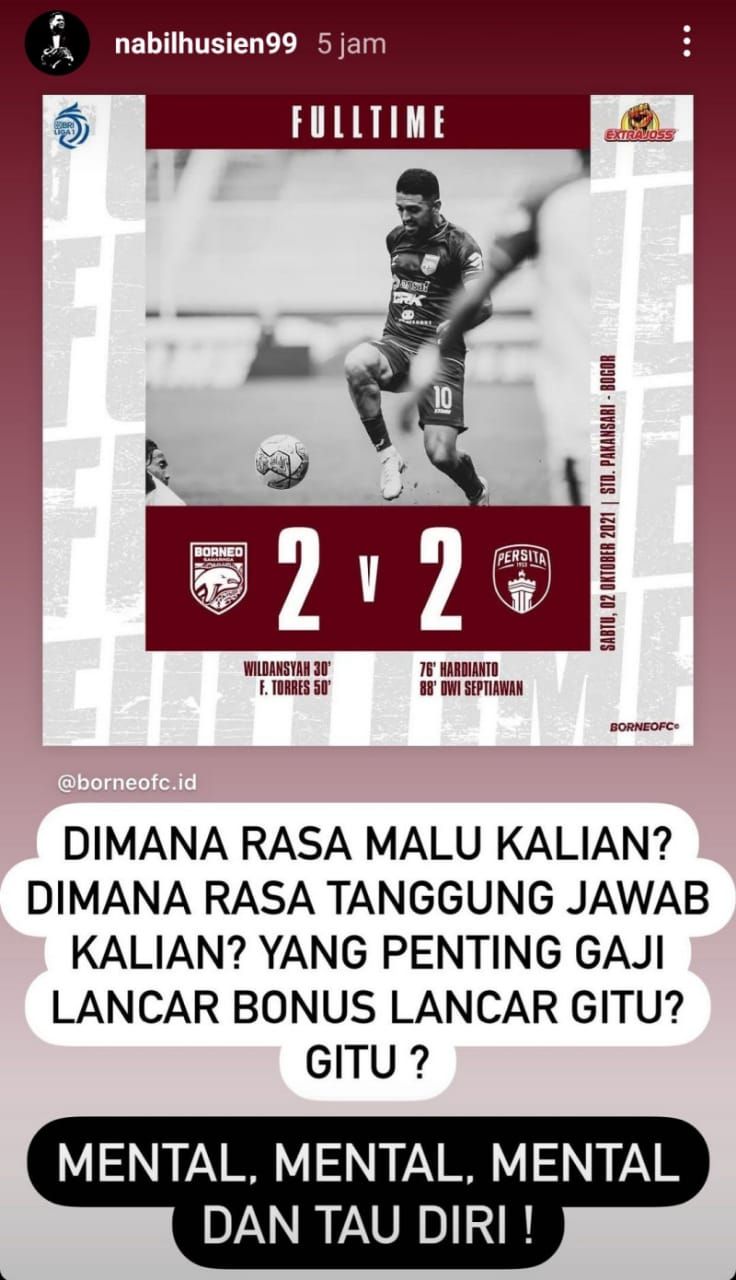 Nabil Husein Ngamuk Borneo FC Ditahan Imbang Persita Tangerang 2-2: Dimana Rasa Malu Kalian?