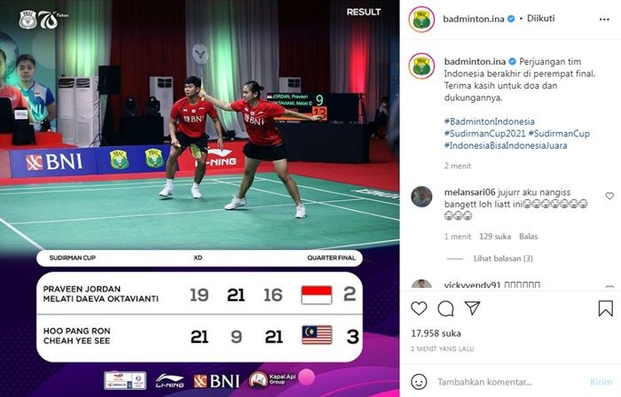Indonesia kembali gagal membawa pulang Piala Sudirman ke Pangkuan Ibu Pertiwi usai kalah dari Malaysia lewat skor 2-3.