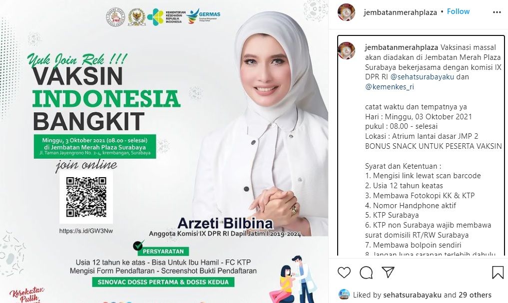 Info vaksin bersama artis Arzeti Bilbina di Jembatan Merah Plaza Surabaya 3 Oktober 2021