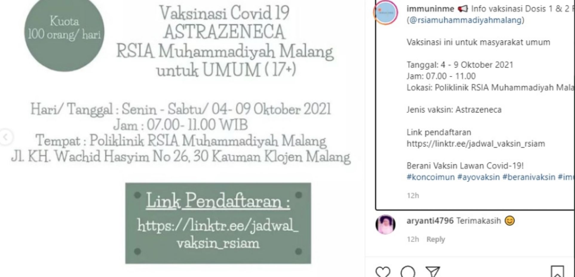 Info vaksin AstraZeneca di RSIA Muhammadiyah Malang