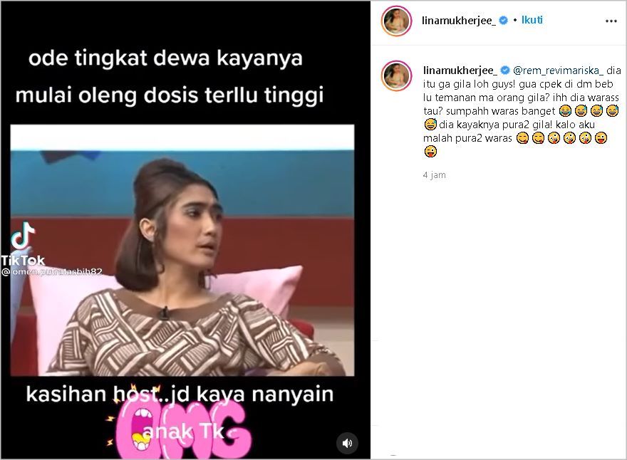 Lina Mukherjee Dibilang Menjatuhkan Teman, Unggah Kembali Cuplikan Video Lawas Revi Mariska di Instagram