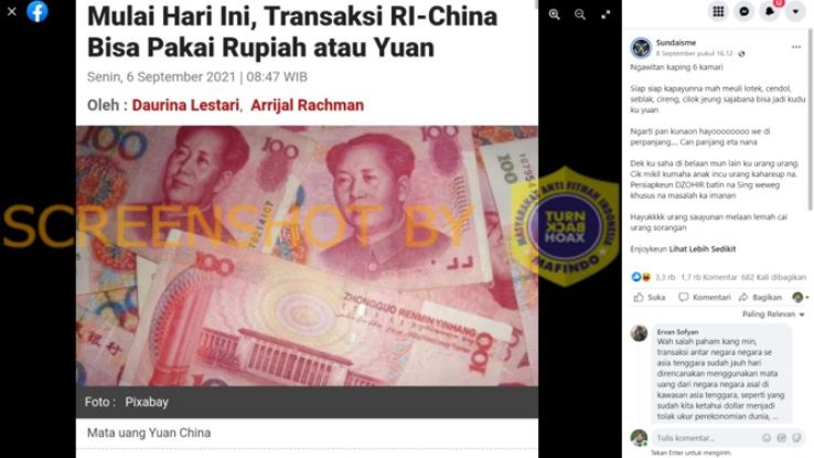 Hoaks mulai hari ini transaksi di Indonesia bisa pakai mata uang China.
