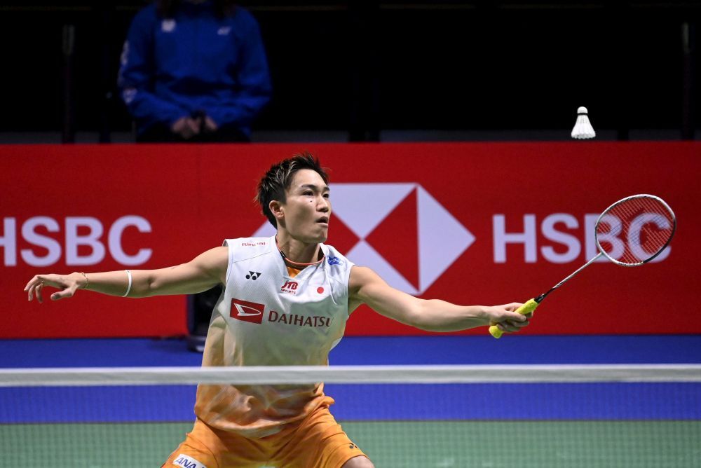 Badminton - Sudirman Cup - Vantaa, Finland - October 1, 2021 Kento Momota of Japan in action during his match against Tien Chen Chou of Taiwan Antti Aimo-Koivisto/Lehtikuva via REUTERS  ATTENTION EDITORS - THIS IMAGE WAS PROVIDED BY A THIRD PARTY. NO THIRD PARTY SALES. NOT FOR USE BY REUTERS THIRD PARTY DISTRIBUTORS. FINLAND OUT. NO COMMERCIAL OR EDITORIAL SALES IN FINLAND.