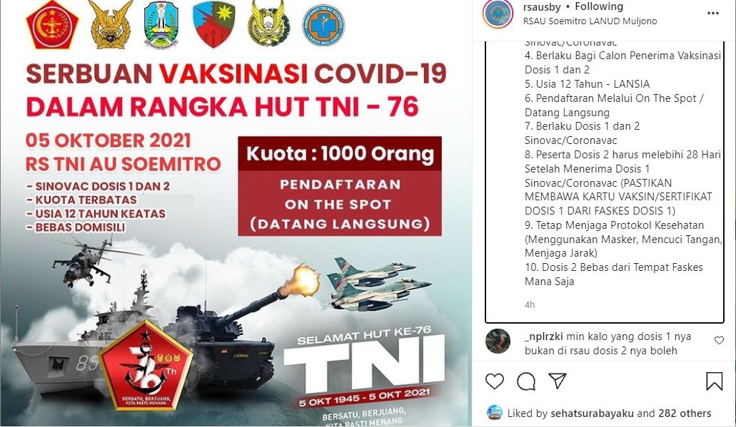 Info vaksin gratis di RS TNI AU Surabaya dalam rangka HUT TNI ke-76, Selasa 5 Oktober 2021