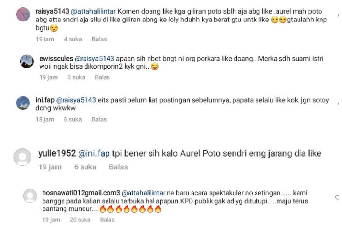 Komentar sejumlah netizen terkait sikap Atta Halilintar yang dianggap 'pelit' memberikan like pada unggahan Aurel Hermansyah.
