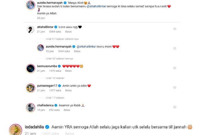 Komentar sejumlah artis dan netizen dalam unggahan Aurel Hermansyah saat bucin kepada Atta Halilintar.