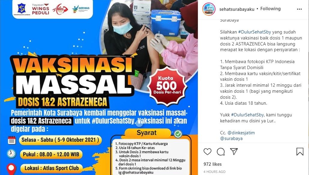 Vaksinasi AstraZeneca di Atls Sport Club Surabaya 5-9 Oktober 2021, Bebas Domisili, Kuota 500 Setiap Hari