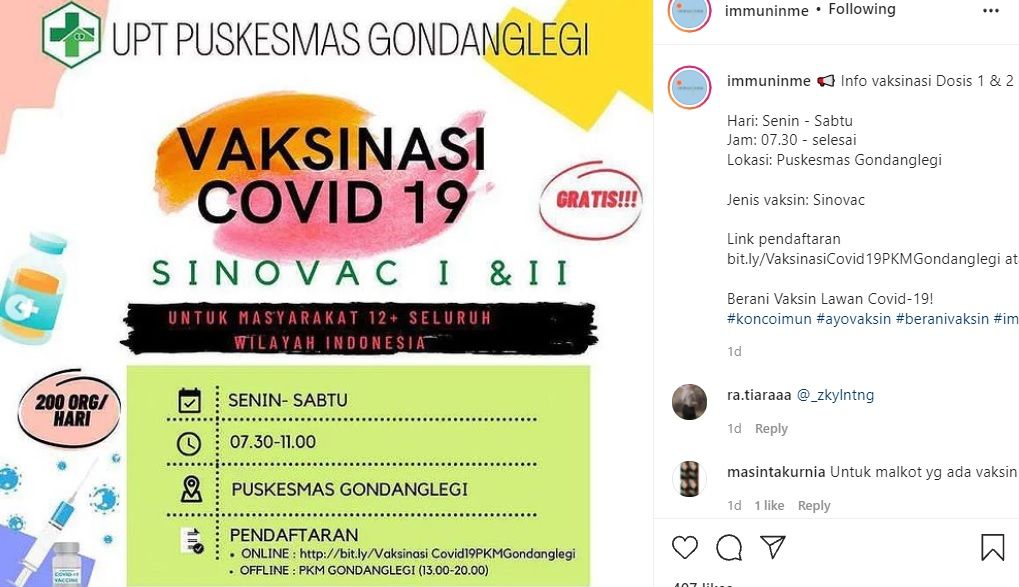 Informasi vaksin gratis setiap hari di Puskesmas Gondanglegi Malang Oktober 2021