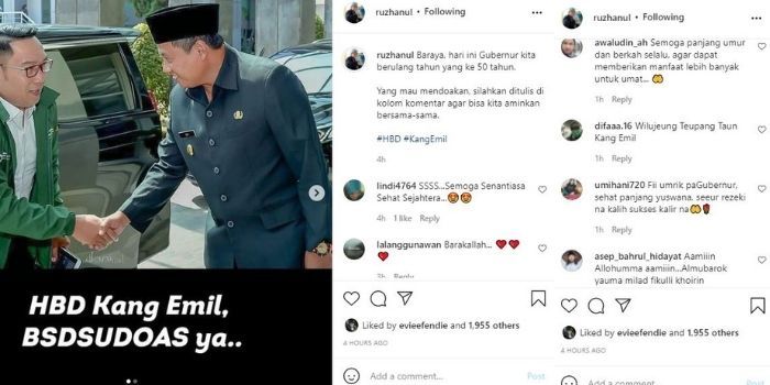 Netizen mendoakan Gubernur Jawa Barat Ridwan Kamil yang hari ini berulang tahun yang ke-50 lewat kolom komentar Instagram Wagub Uu Ruzhanul.